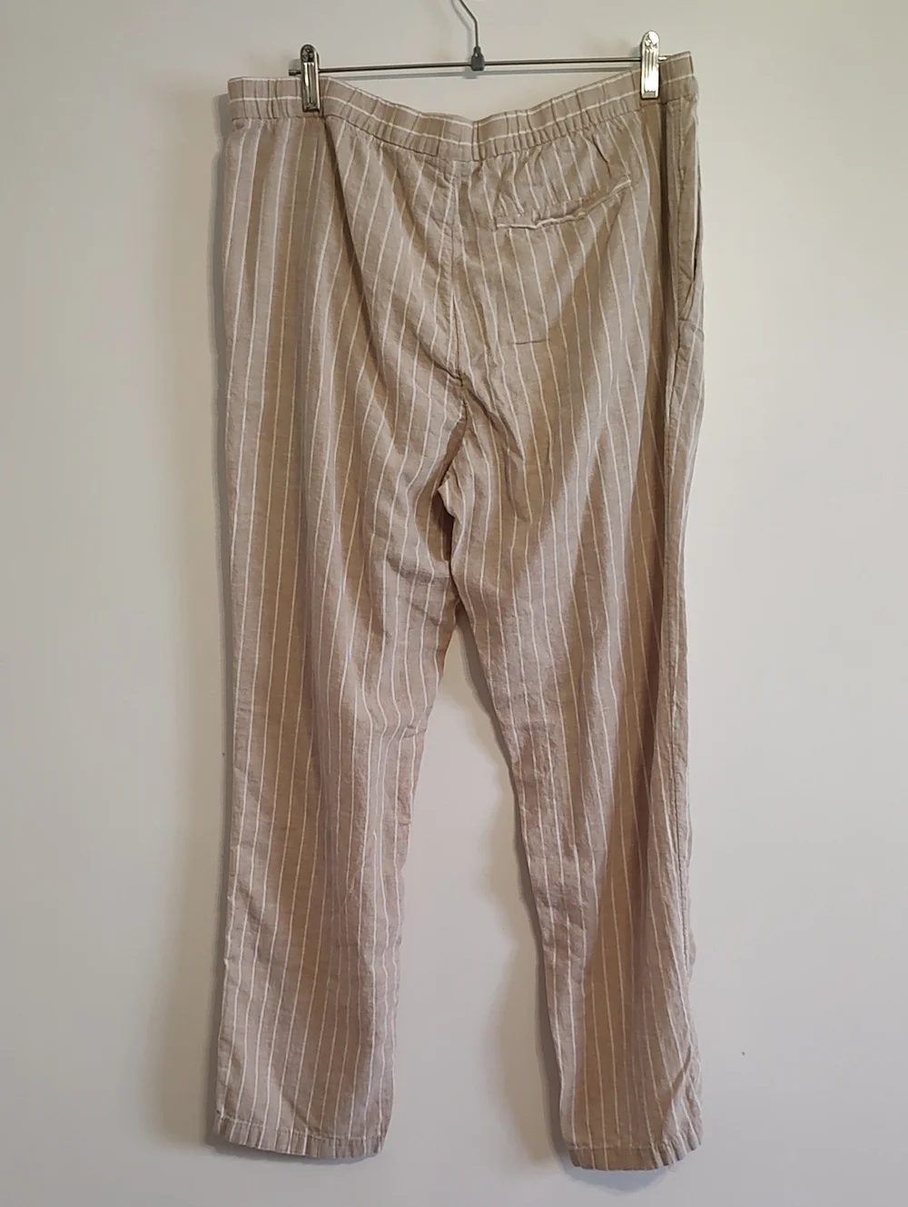 H&M Beige Pinstripe Drawstring Linen-Blend Pants
